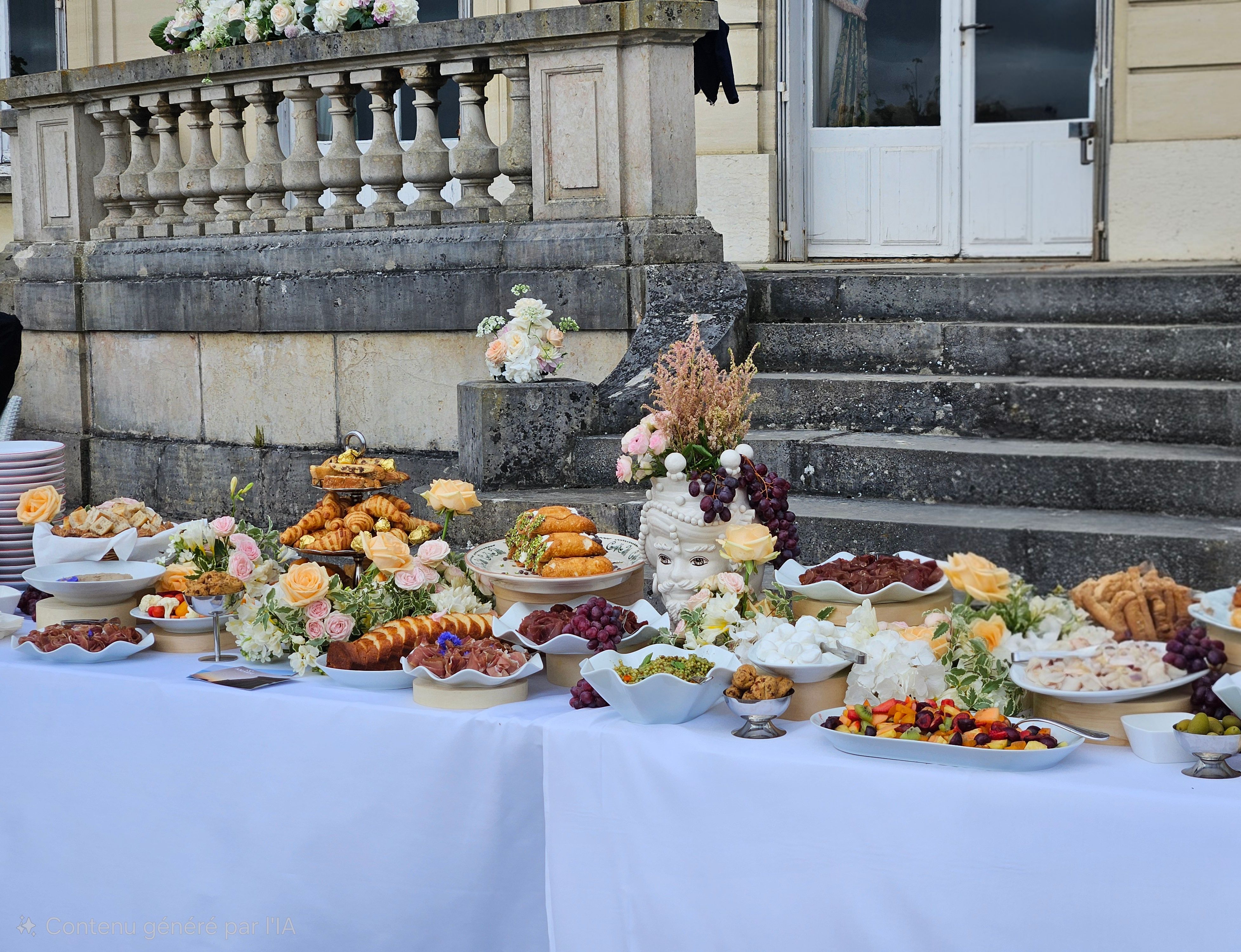 buffet de brunch de lendemain de mariage garnis de spécialités italiennes et décoration florale. On y retrouve de la charcuterie, du fromage italien et des pâtisseries.