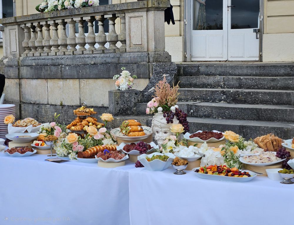 buffet de brunch de lendemain de mariage garnis de spécialités italiennes et décoration florale. On y retrouve de la charcuterie, du fromage italien et des pâtisseries.